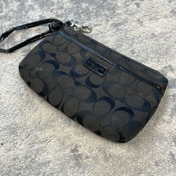 Coach Signature Zip Top Wristlet Pouch Monogram Black Dark Brown - Picture 6 of 16
